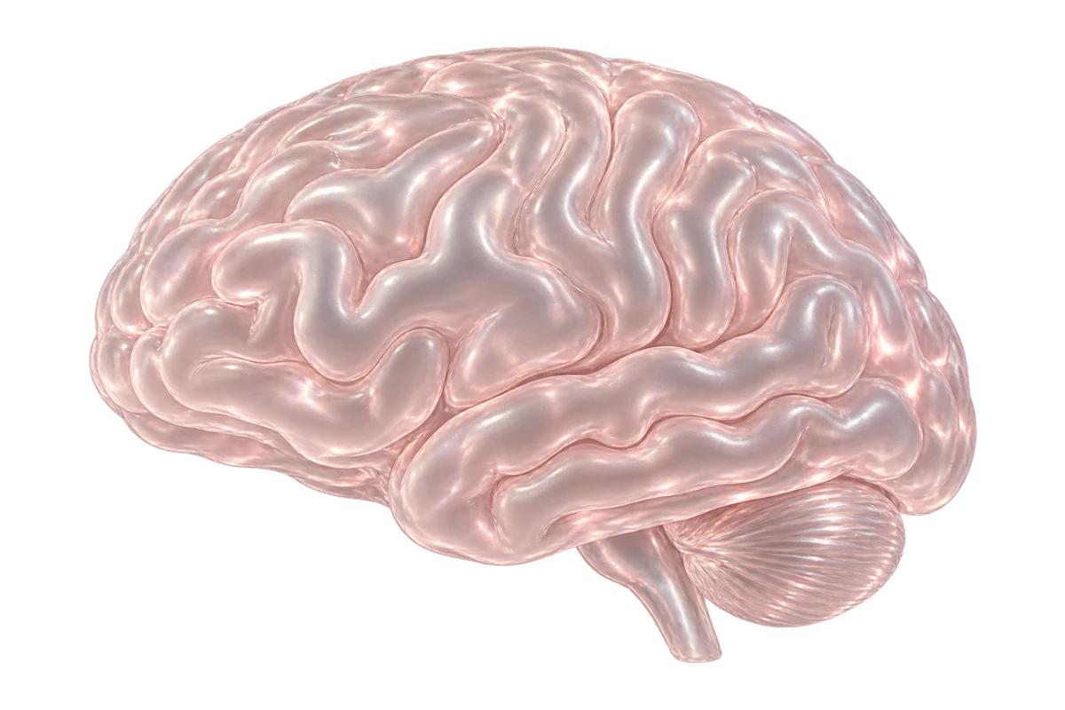 A connected glass brain, sculpted in soft rose light
